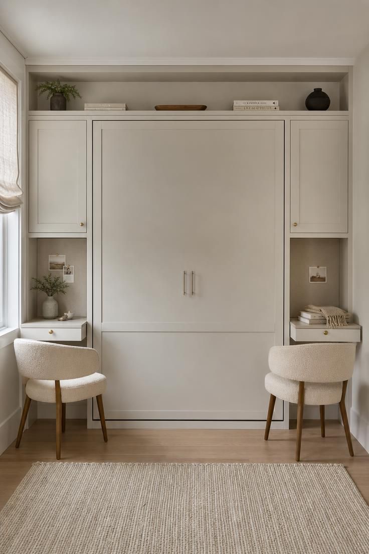 10 Cozy Home Office Ideas for Two Who Work Side by Side 5 A closed wall bed flanked by two slim floating desks in a pale, calm guest room.