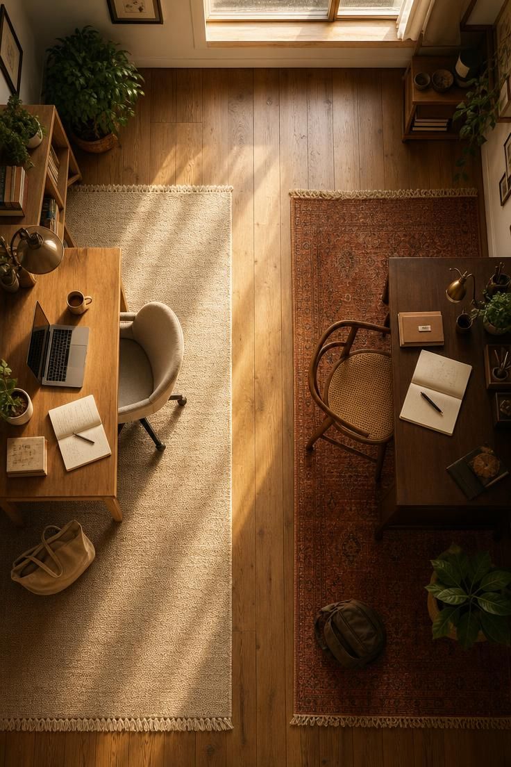 10 Cozy Home Office Ideas for Two Who Work Side by Side 6 Overhead view of two wool rugs defining two desk zones with a bare-floor walkway between.