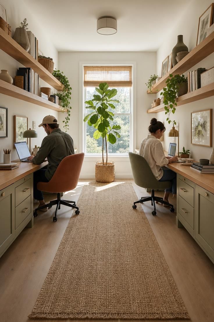 10 Cozy Home Office Ideas for Two Who Work Side by Side 7 A galley-style office with a desk on each facing wall and a jute runner down the middle aisle.