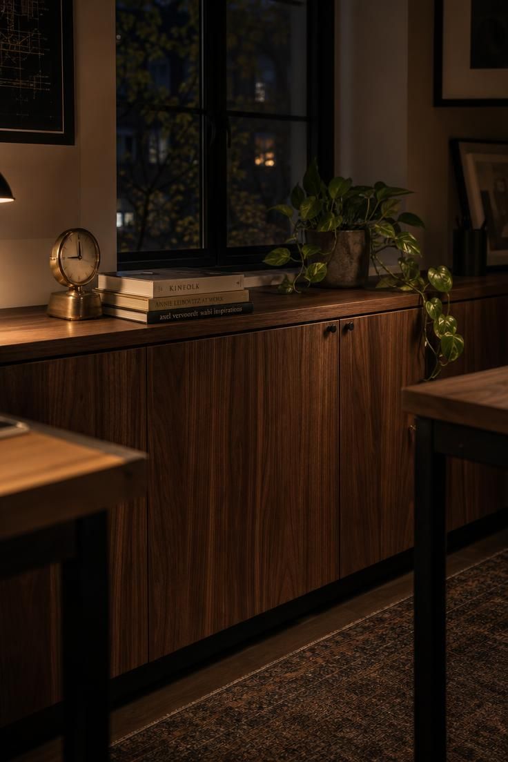 10 Cozy Home Office Ideas for Two Who Work Side by Side 8 A low walnut credenza under a window between two desks, styled with books and a plant in dim light.