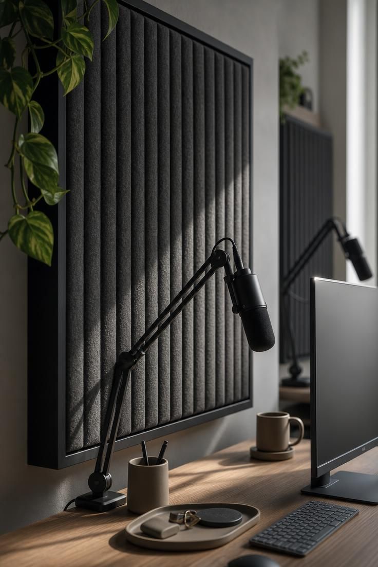 10 Cozy Home Office Ideas for Two Who Work Side by Side 9 Charcoal acoustic felt panels behind a desk with a microphone, set up for calls in a shared office.