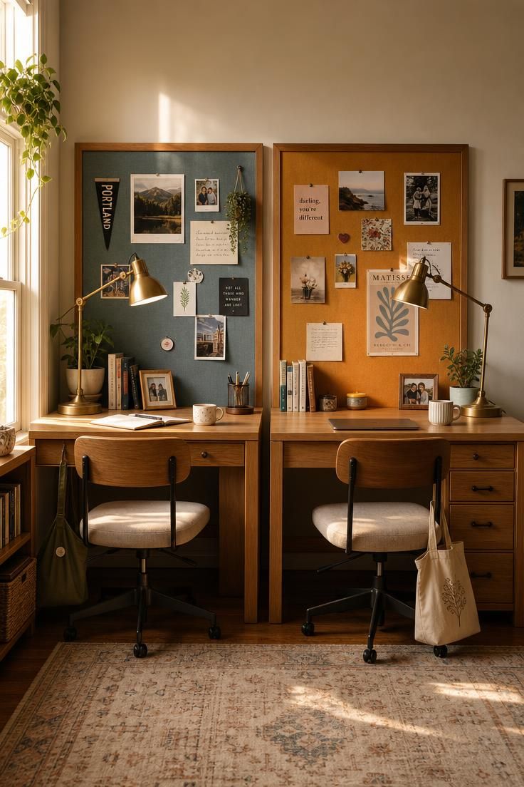 10 Cozy Home Office Ideas for Two Who Work Side by Side 10 Two matching oak desks side by side, each with a pinboard in a different color for each person.