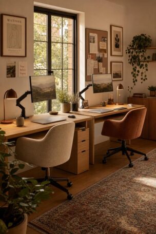 A cozy shared home office for two with matching oak desks, twin task lamps, and plants along a bright window wall.