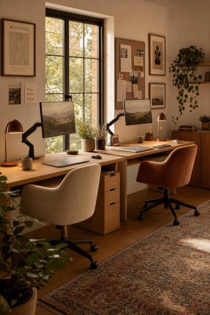 10 Cozy Home Office Ideas for Two Who Work Side by Side A cozy shared home office for two with matching oak desks, twin task lamps, and plants along a bright window wall.