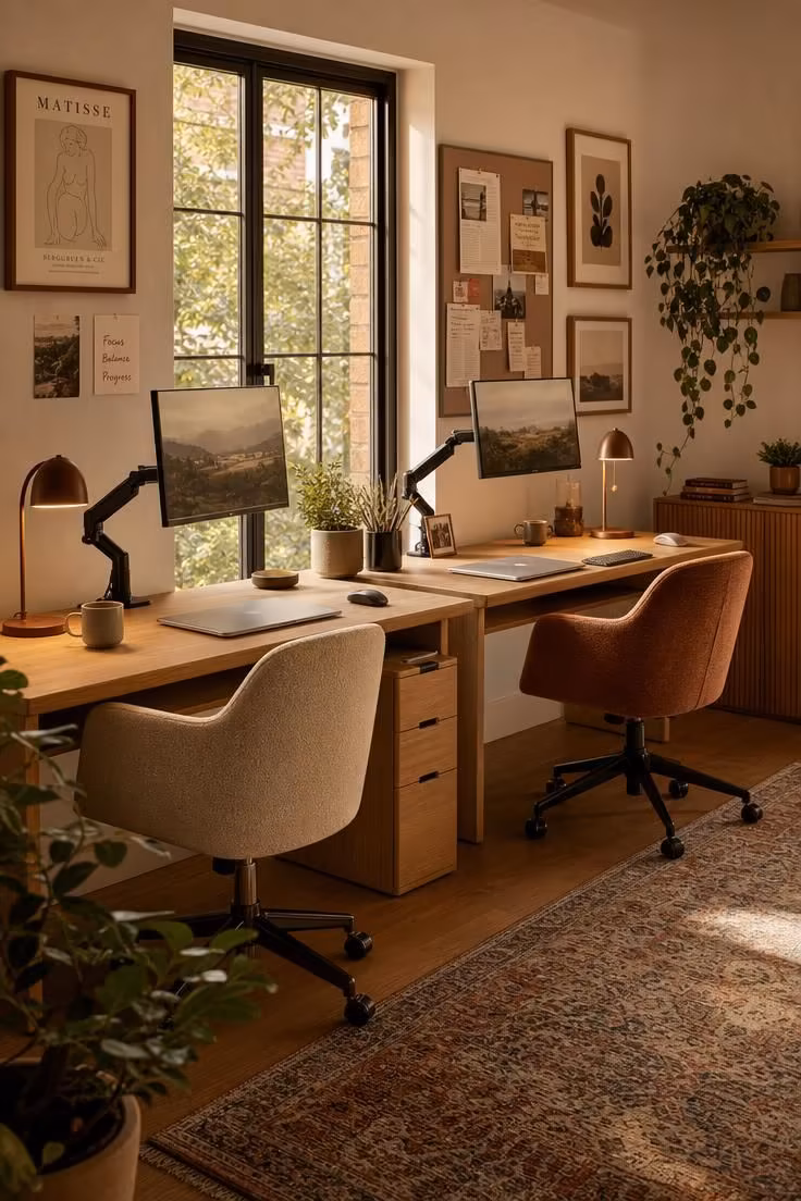 Simple Spaces 17 A cozy shared home office for two with matching oak desks, twin task lamps, and plants along a bright window wall.