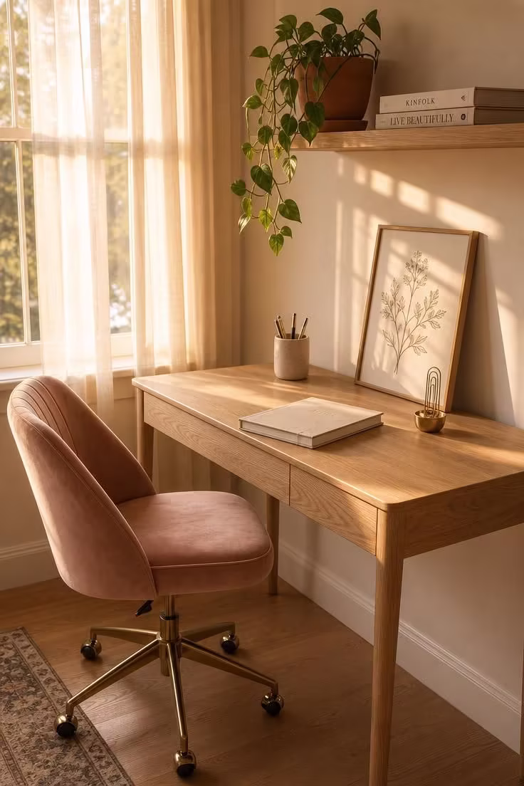 White oak writing desk with blush velvet chair in a sunlit home office with sheer curtains and botanical print.