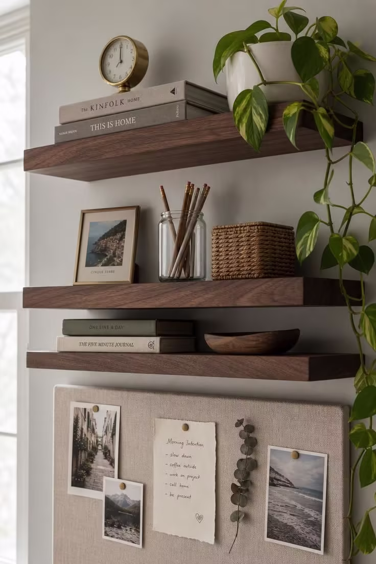 Floating walnut shelves with books, pothos plant, and brass clock above a linen bulletin board in a home office.