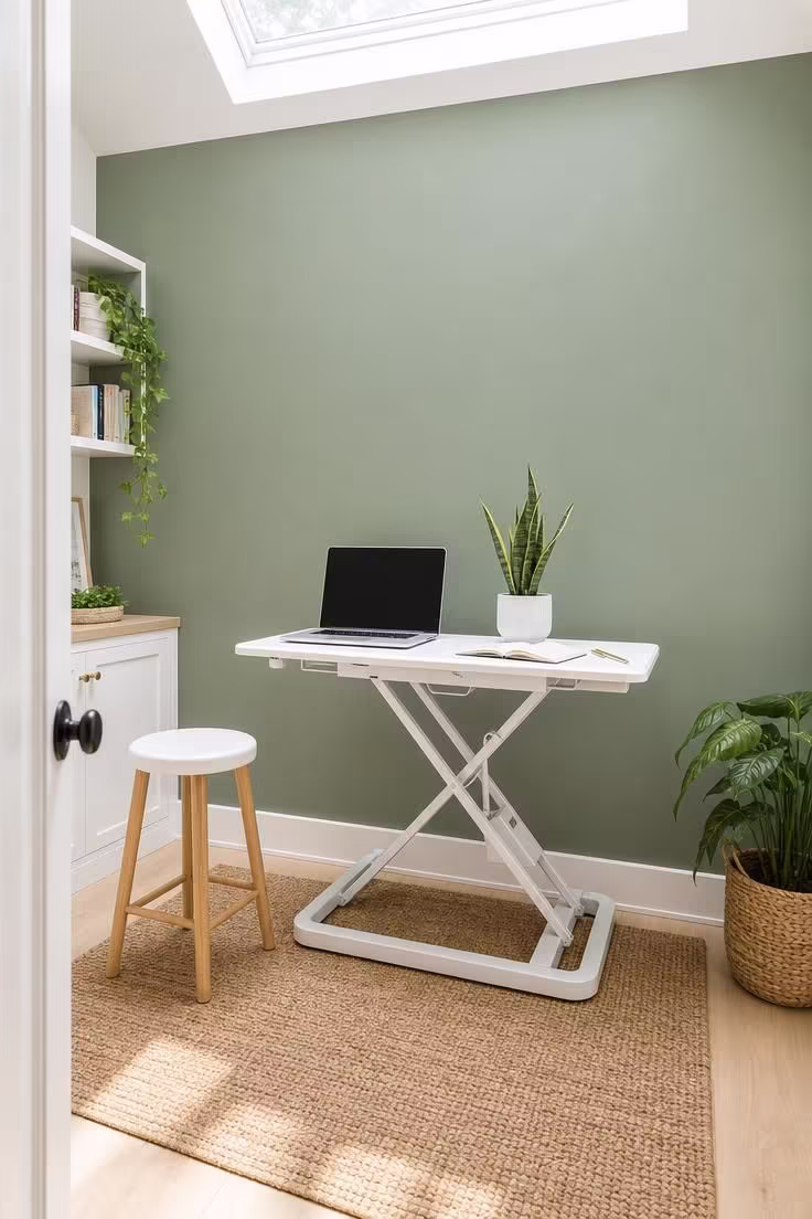 Sage green accent wall behind a white standing desk with jute rug and snake plant in a bright home office.