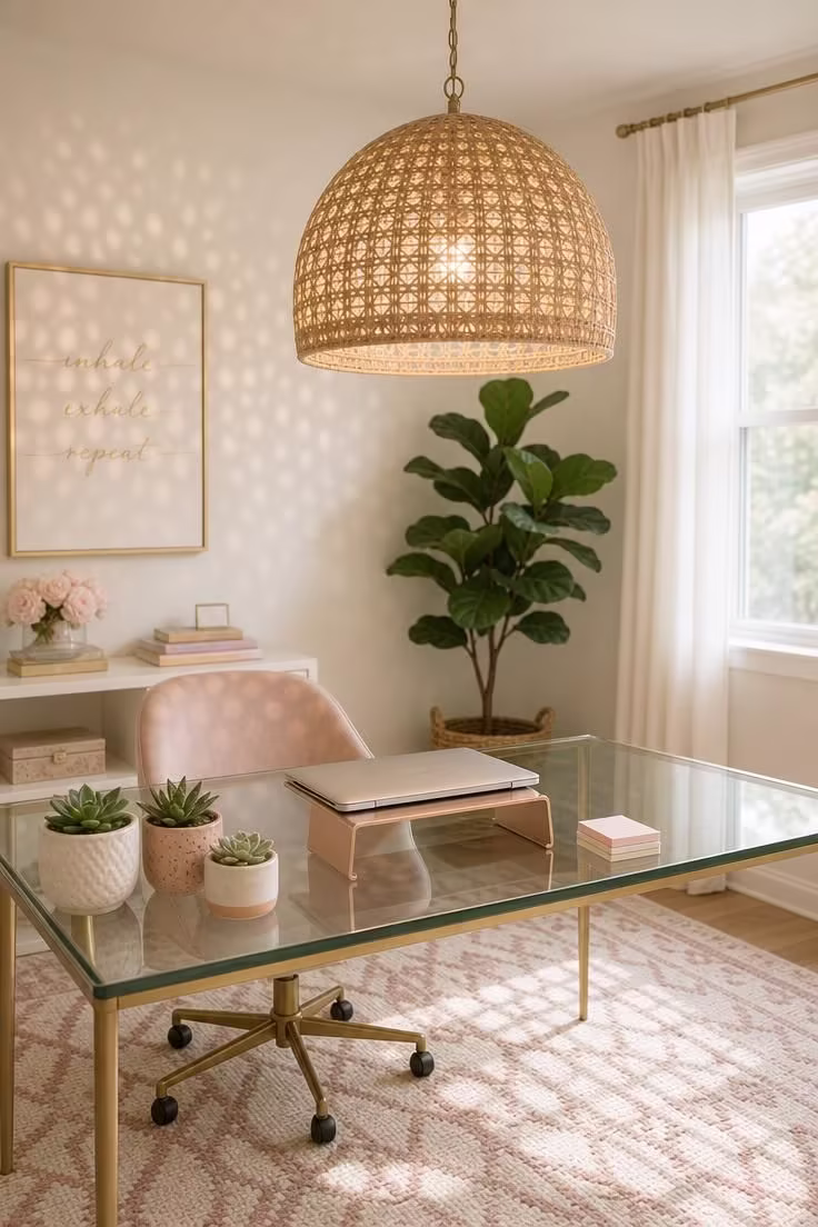 Rattan pendant light hanging over a glass-top desk with succulents and fiddle leaf fig in a bright home office.