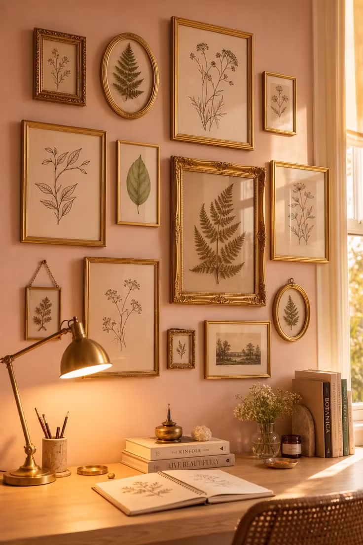 Gallery wall of mismatched gold frames with botanical prints above a light wood desk in a home office.