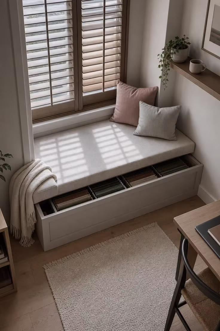 Built-in window seat with oatmeal linen cushion and hidden file storage in a home office nook.