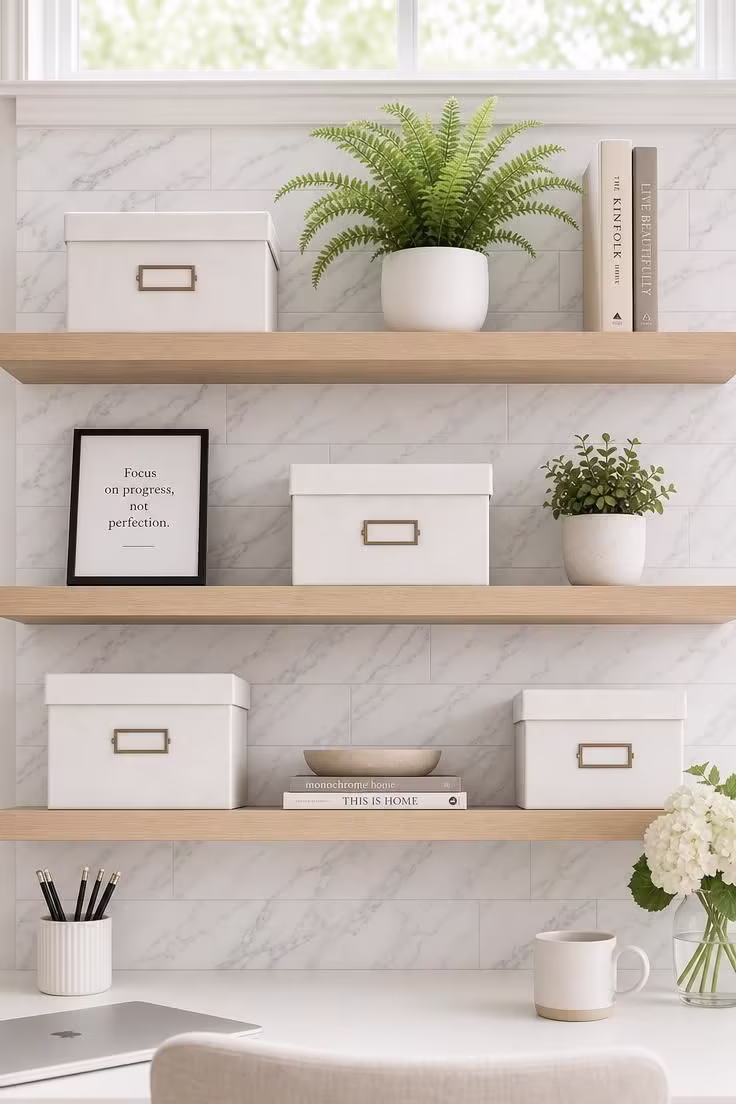 Marble-look peel-and-stick tiles behind open birch shelves with linen boxes and fern in a modern home office.