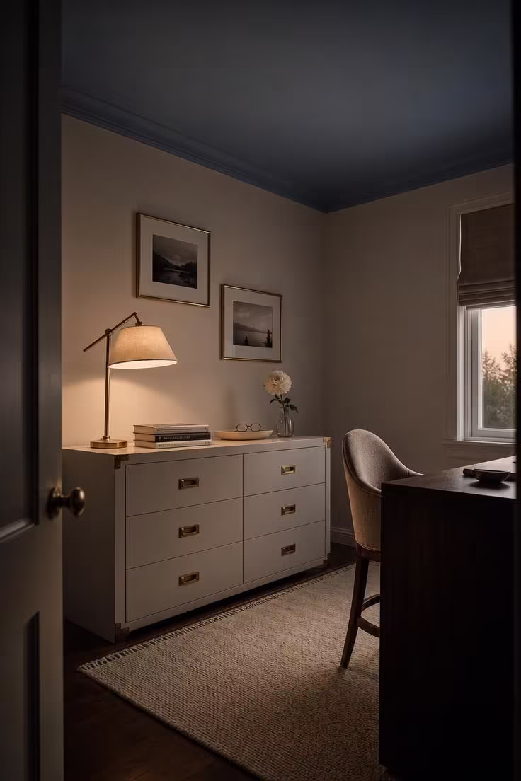 Dusty blue painted ceiling above warm white walls with brass hardware and desk lamp in a cozy home office.