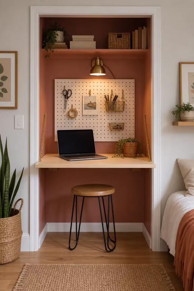 Closet converted into mini home office with fold-down birch desk, pegboard, and terracotta blush walls.