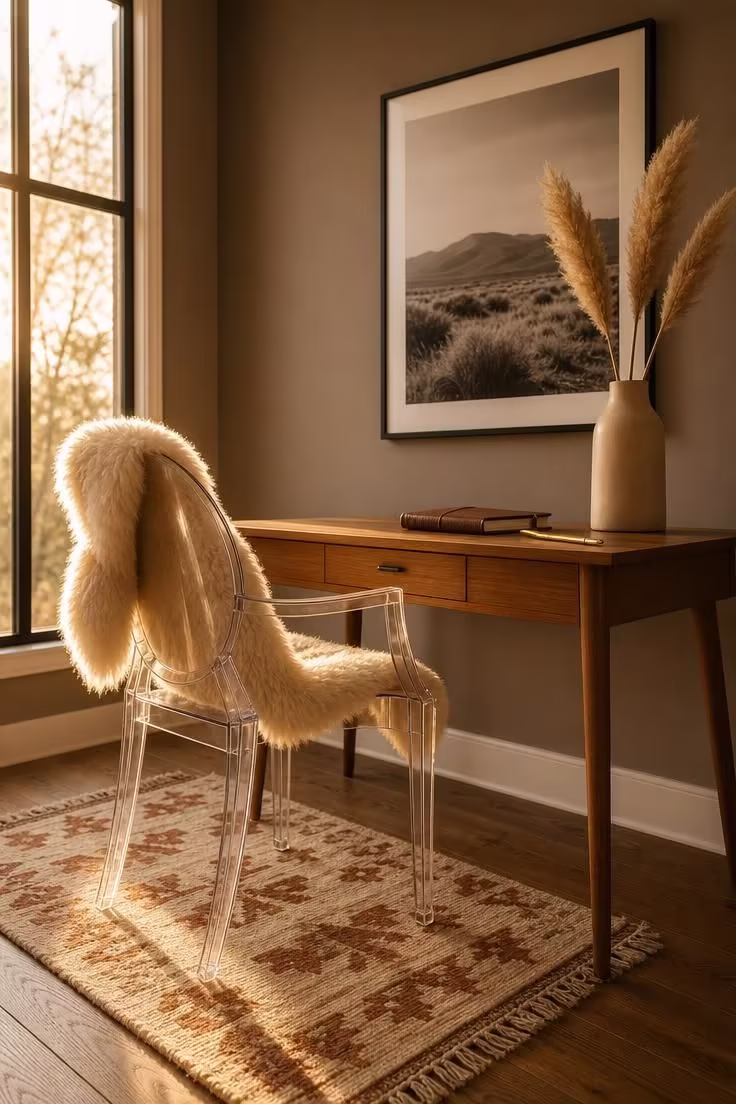 Acrylic ghost chair with sheepskin throw at a mid-century teak desk with pampas grass and golden light.