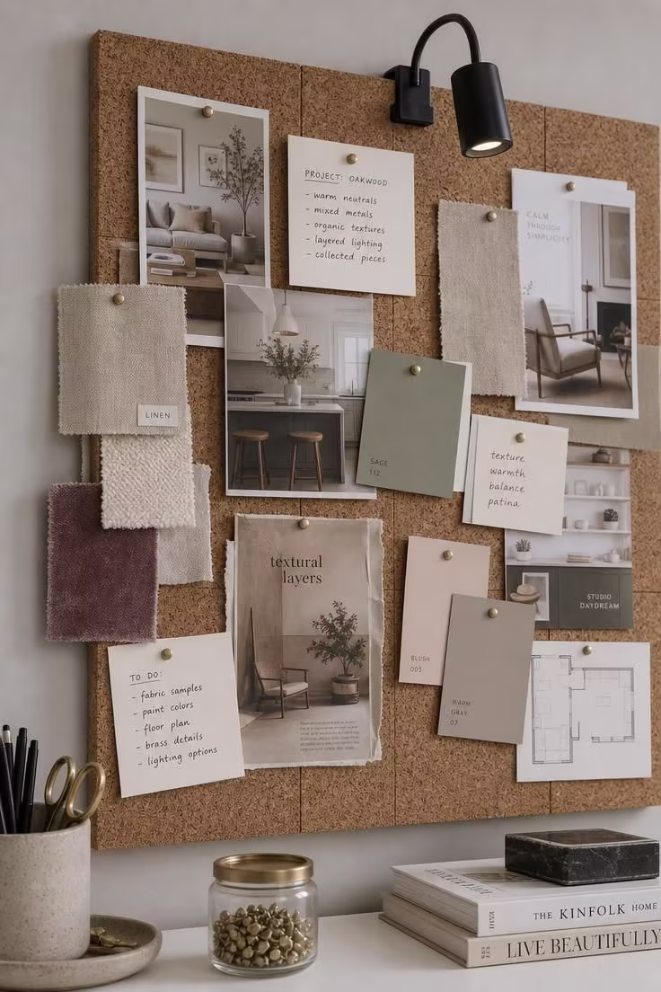 Cork wall panel with pinned fabric swatches, paint chips, and mood board clippings in a creative home office.