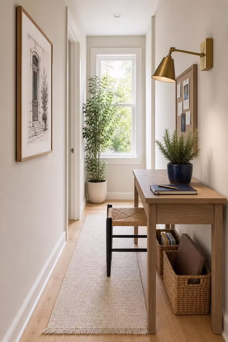 Narrow ash wood console table as a hallway home office with seagrass baskets and brass wall sconce.