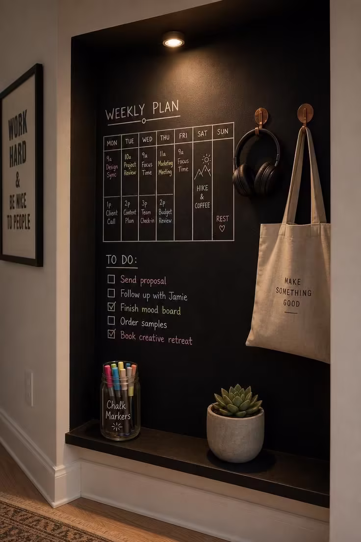 Blackboard-painted alcove wall with chalk marker planner, copper hooks, and headphones in a home office nook.