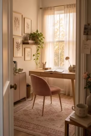 Feminine home office with white oak desk, blush velvet chair, gold-framed botanical prints, and warm golden light through sheer curtains.