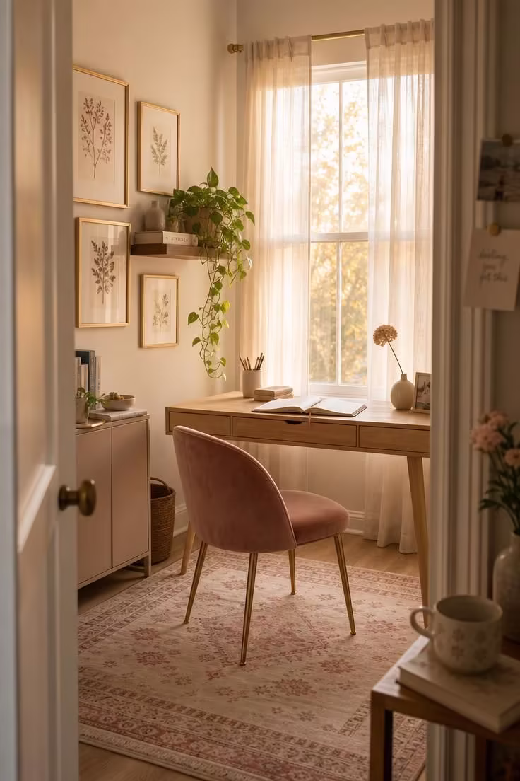 Feminine home office with white oak desk, blush velvet chair, gold-framed botanical prints, and warm golden light through sheer curtains.