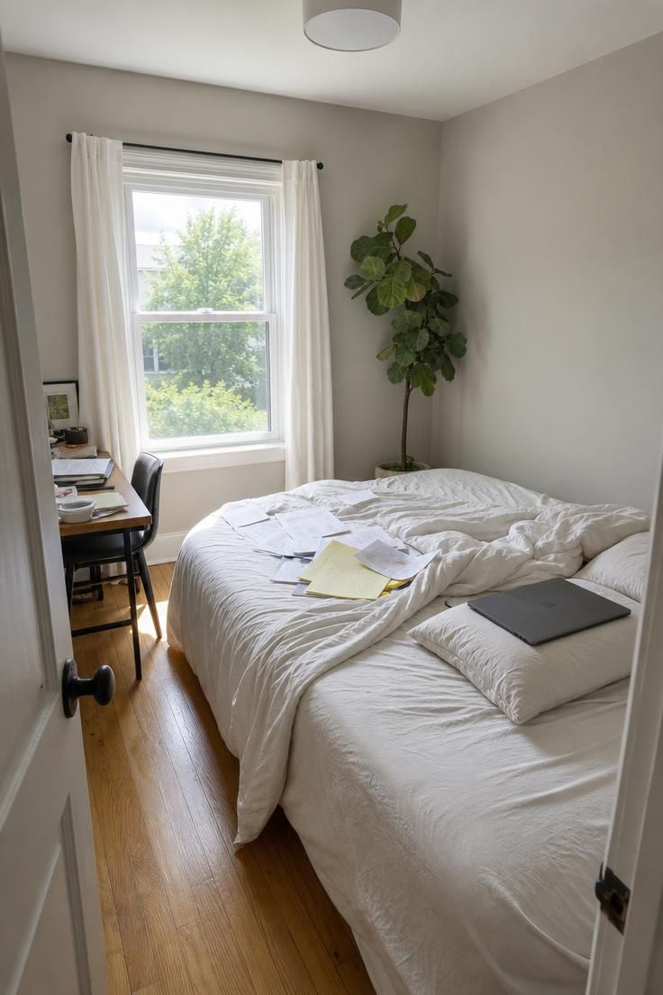 Why a Home Office With a Murphy Bed Is the Smartest Small-Space Investment Right Now 1 A cramped spare bedroom with a queen bed taking up most of the floor space and a small desk squeezed into one corner under bright midday light