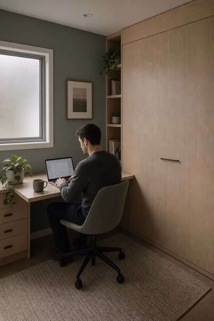 Why a Home Office With a Murphy Bed Is the Smartest Small-Space Investment Right Now 2 A focused home office with a murphy bed folded away behind light oak cabinetry under cool overcast morning light