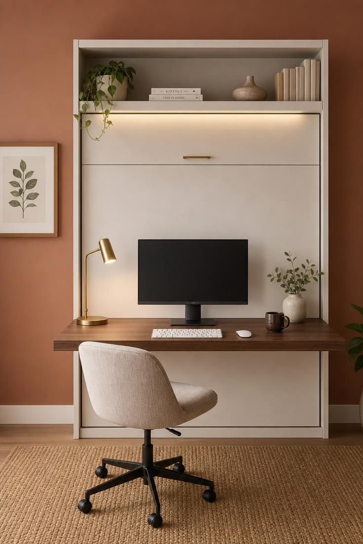 Why a Home Office With a Murphy Bed Is the Smartest Small-Space Investment Right Now 3 A modern murphy bed desk combo in matte white with walnut desk surface under soft diffused light showing the workspace configuration