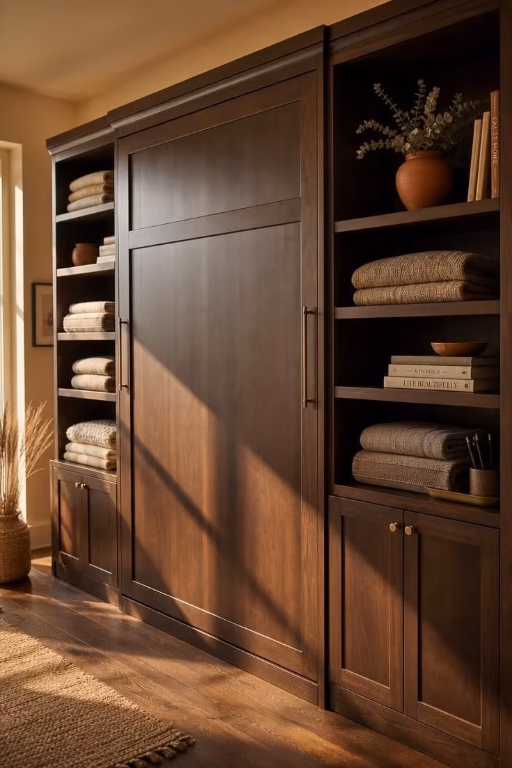 Why a Home Office With a Murphy Bed Is the Smartest Small-Space Investment Right Now 4 Integrated storage piers flanking a closed murphy bed cabinet with shelving holding blankets and books in warm golden afternoon light