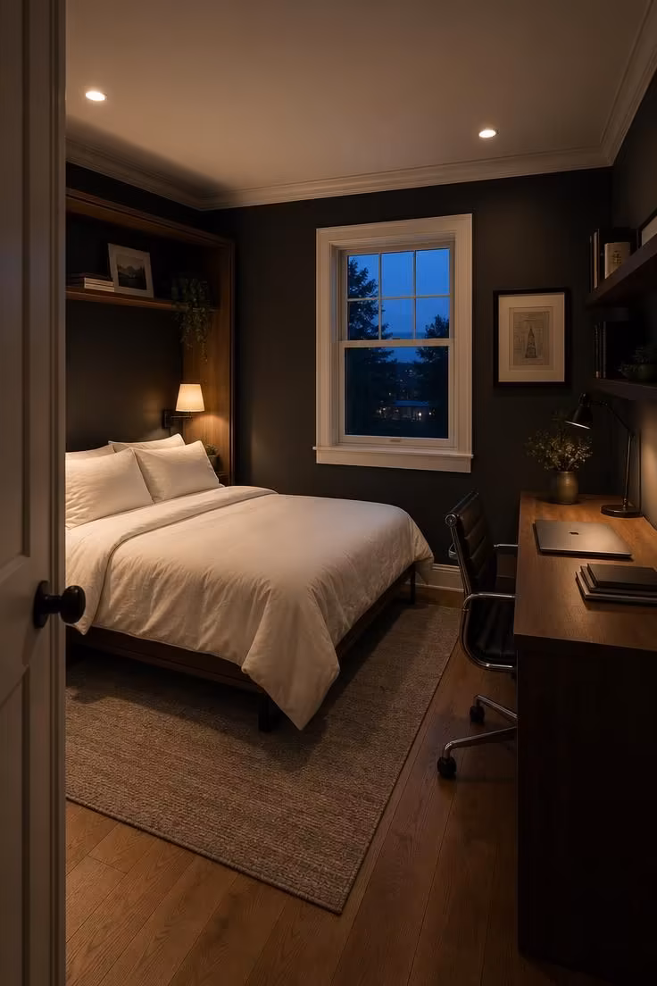 Why a Home Office With a Murphy Bed Is the Smartest Small-Space Investment Right Now 5 A polished guest room office combo at dusk with a deployed murphy bed made up in white linen and a tidy desk area under moody low light