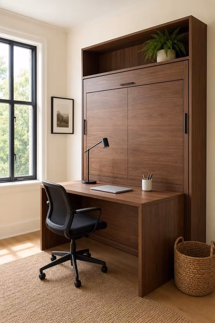 Why a Home Office With a Murphy Bed Is the Smartest Small-Space Investment Right Now 6 A murphy bed desk combo finished in warm walnut veneer with matte black hardware under bright midday light in a room with large windows