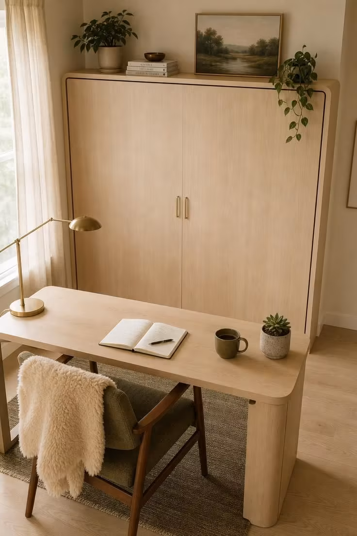 Why a Home Office With a Murphy Bed Is the Smartest Small-Space Investment Right Now 7 A styled home office with a closed murphy bed in light birch veneer under soft diffused afternoon light with a desk workspace in cream and olive tones