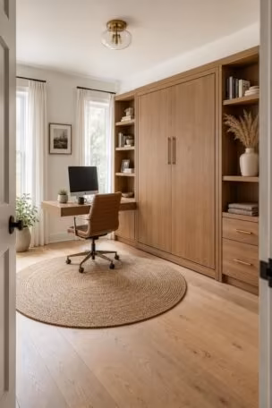 A complete home office with murphy bed setup in warm medium oak with built-in shelving and a floating desk under bright natural light in a polished, well-designed room