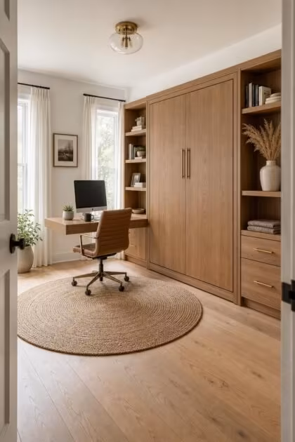 Why a Home Office With a Murphy Bed Is the Smartest Small-Space Investment Right Now A complete home office with murphy bed setup in warm medium oak with built-in shelving and a floating desk under bright natural light in a polished, well-designed room