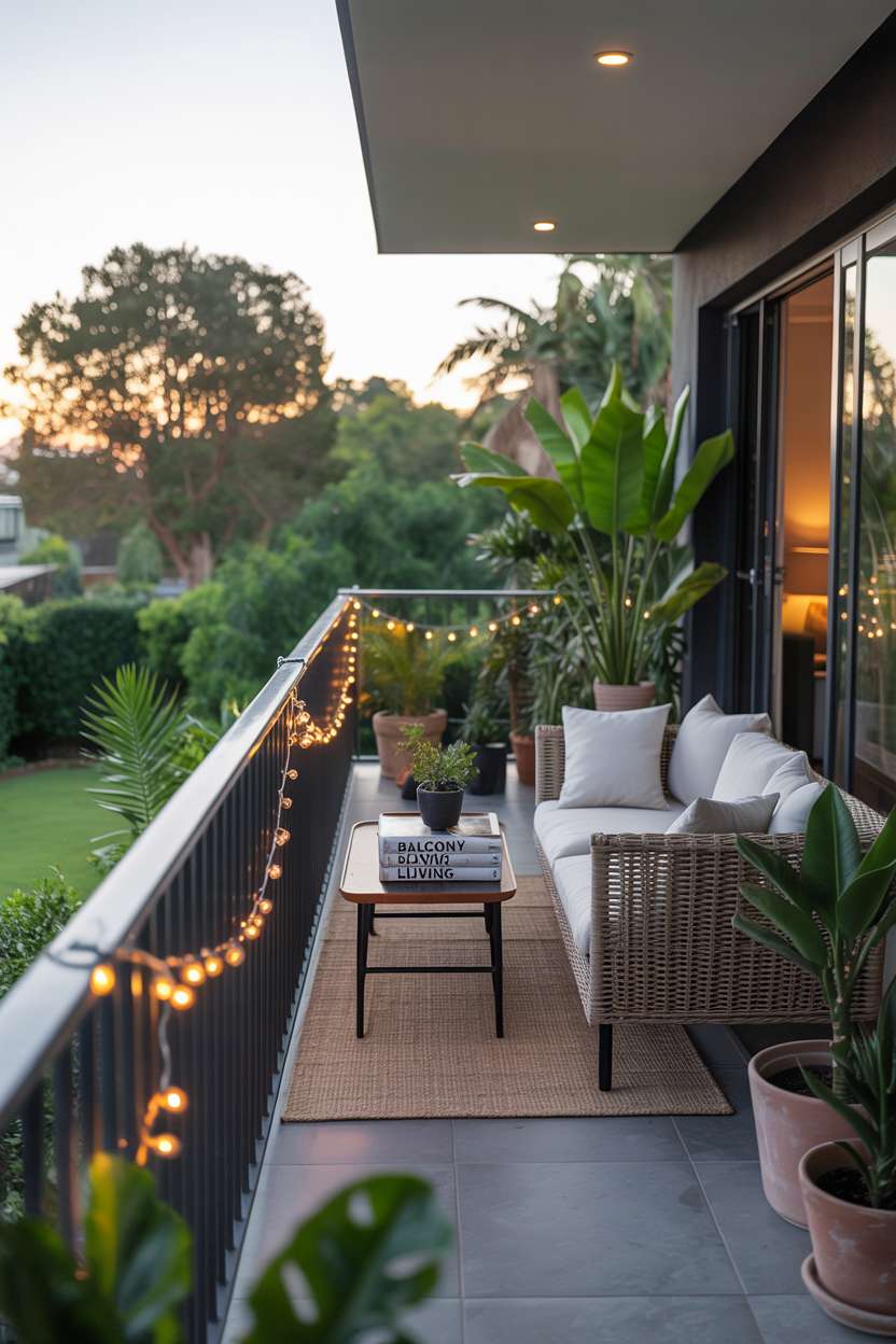 19 Stunning House Balcony Design Ideas to Inspire You 1 Modern house balcony with dark gray railings, rattan furniture, and fairy lights overlooking lush garden