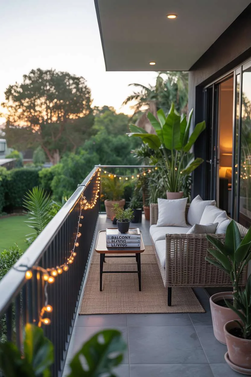 Modern house balcony with dark gray railings, rattan furniture, and fairy lights overlooking lush garden