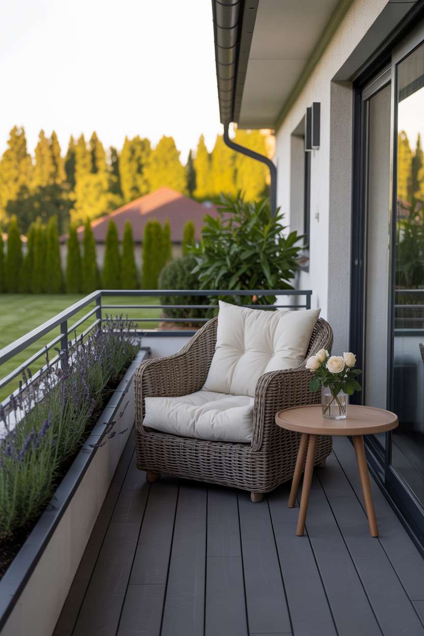 19 Stunning House Balcony Design Ideas to Inspire You 2 Cozy balcony with wicker armchair, cream cushions, and lavender plants along dark composite decking