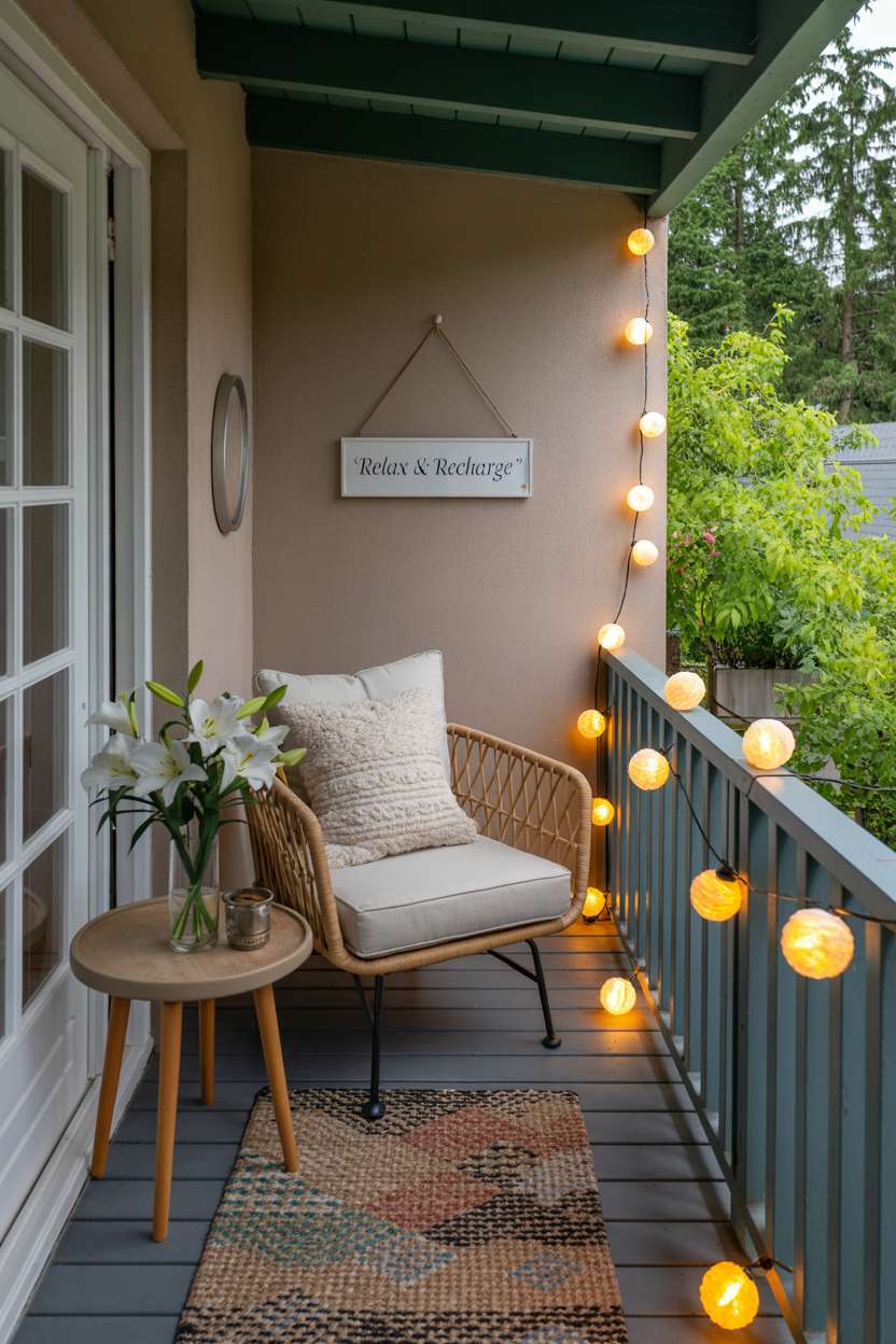 19 Stunning House Balcony Design Ideas to Inspire You 3 Charming balcony featuring rattan armchair, earth-toned rug, and teal railings with white lily centerpiece