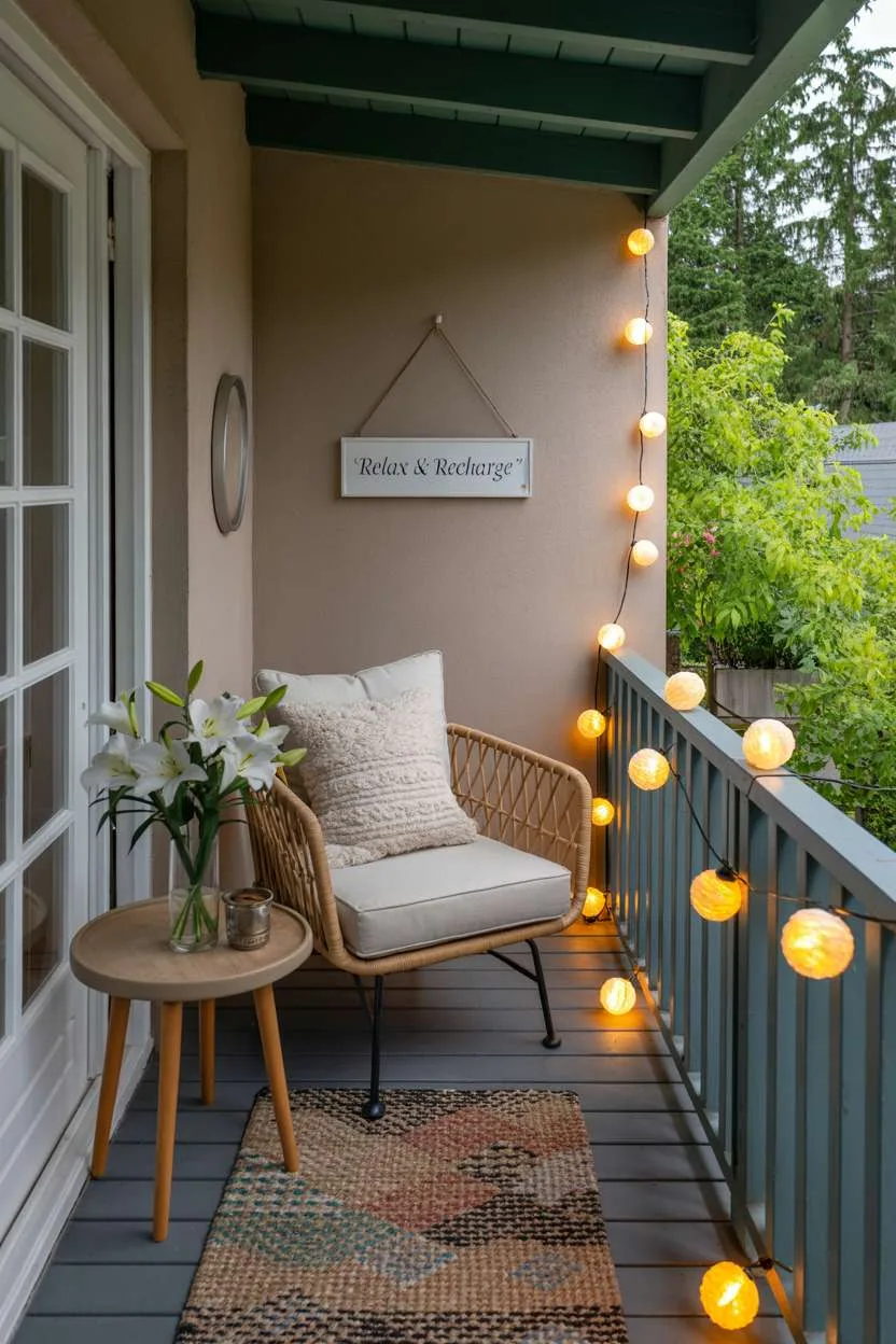 Charming balcony featuring rattan armchair, earth-toned rug, and teal railings with white lily centerpiece