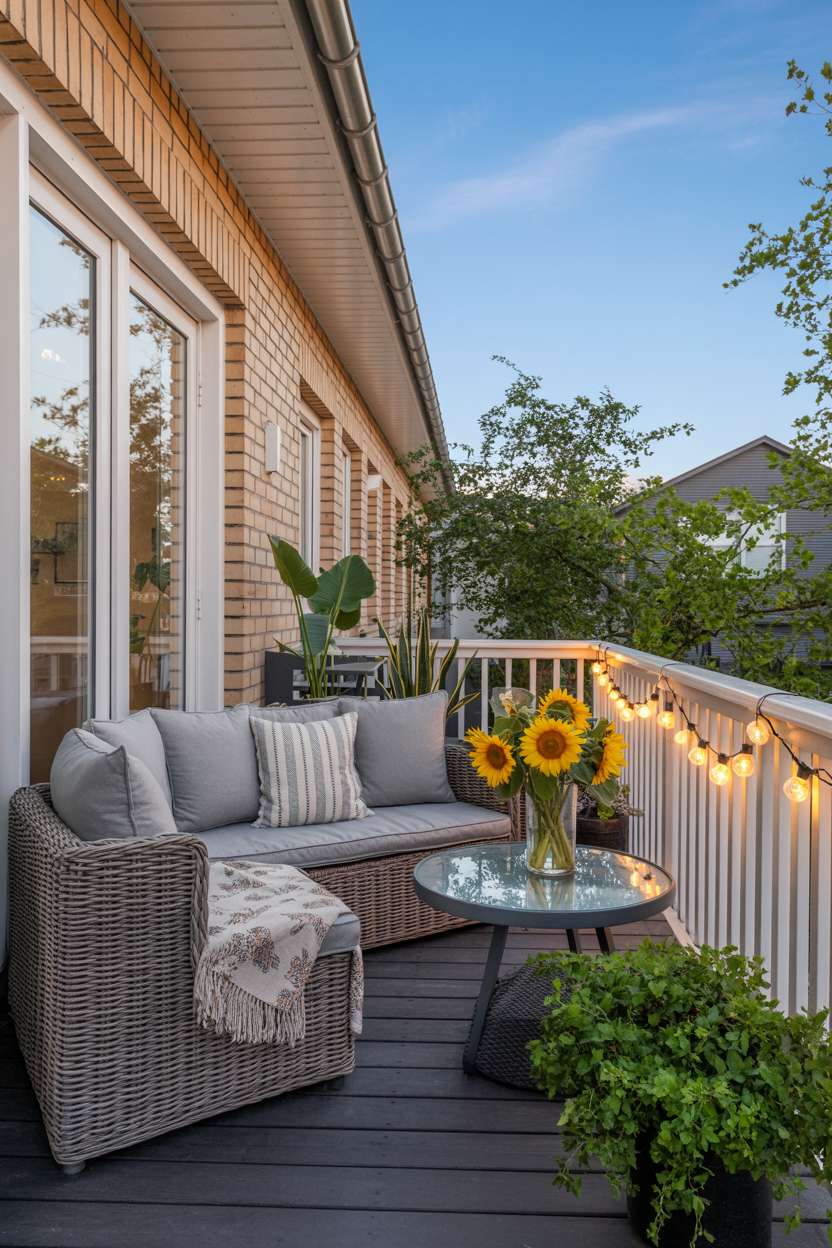 19 Stunning House Balcony Design Ideas to Inspire You 4 Modern balcony with wicker sofa, yellow sunflowers, and lush potted plants on dark wooden flooring