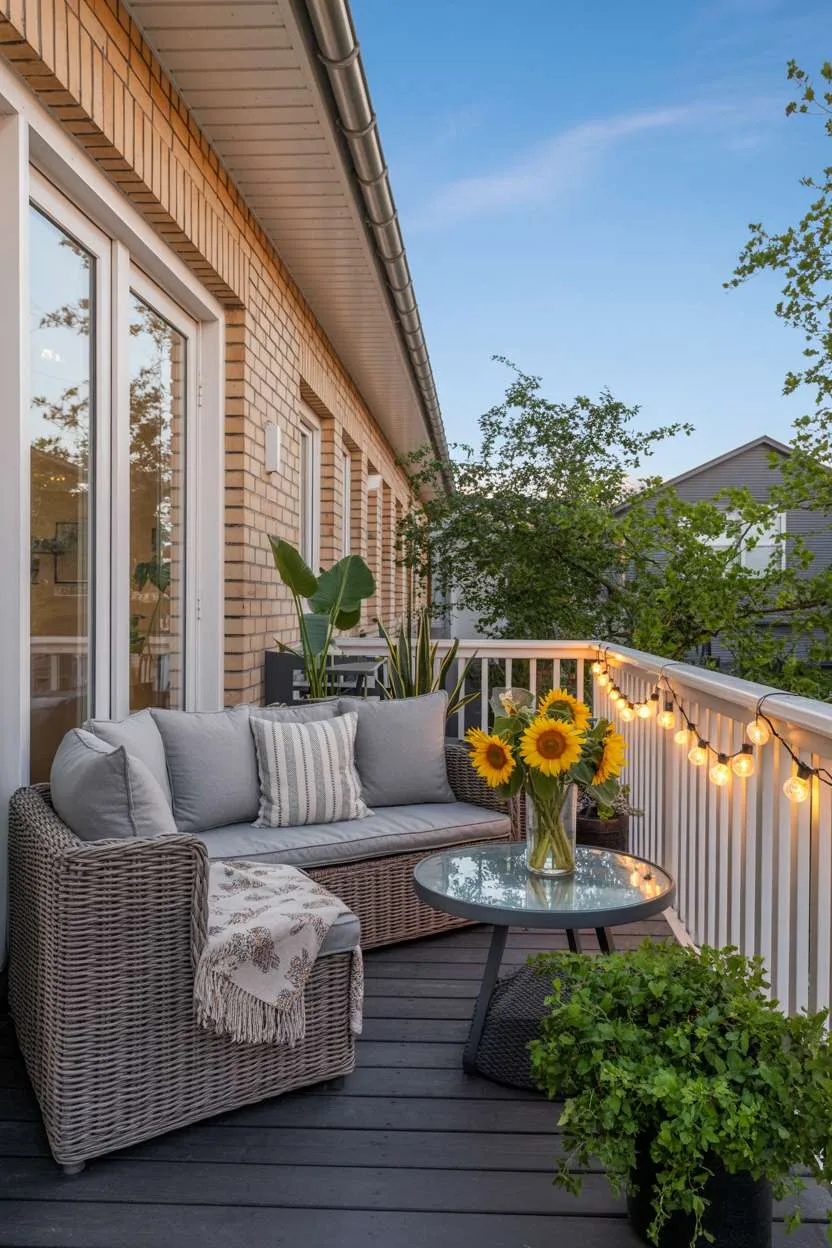 Modern balcony with wicker sofa, yellow sunflowers, and lush potted plants on dark wooden flooring