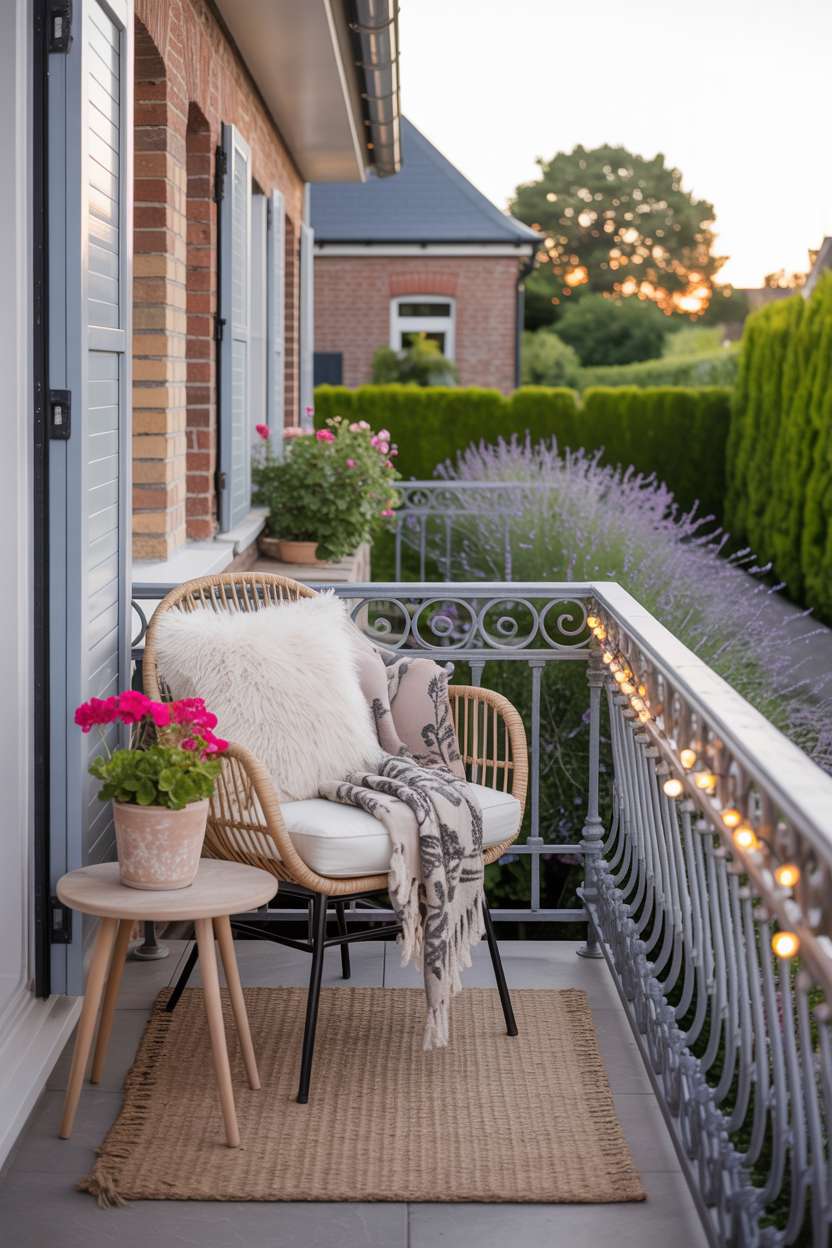 19 Stunning House Balcony Design Ideas to Inspire You 5 Stylish balcony with soft gray wrought iron railings, white cushioned chair, and pink geranium accents