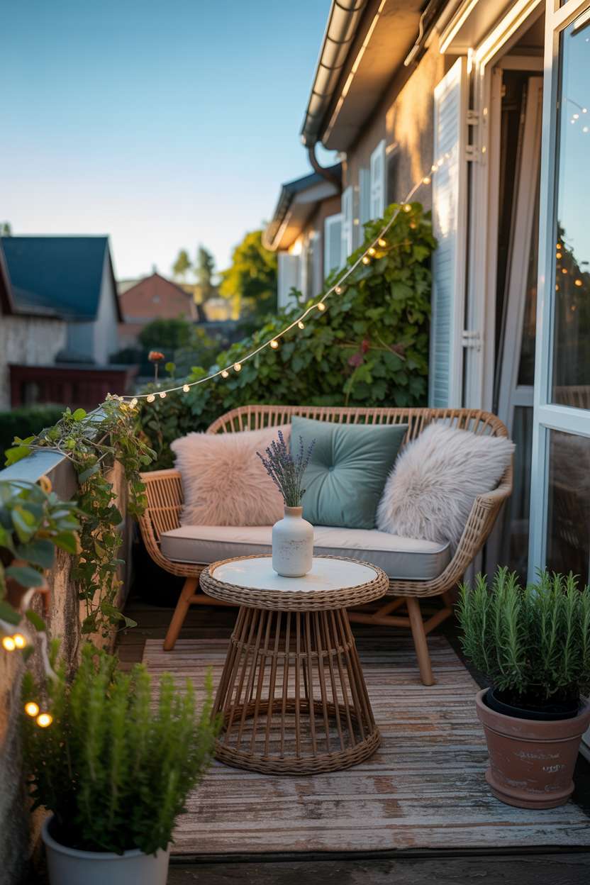 19 Stunning House Balcony Design Ideas to Inspire You 6 Quaint balcony with climbing ivy, herb planters, and fairy lights on worn wooden flooring