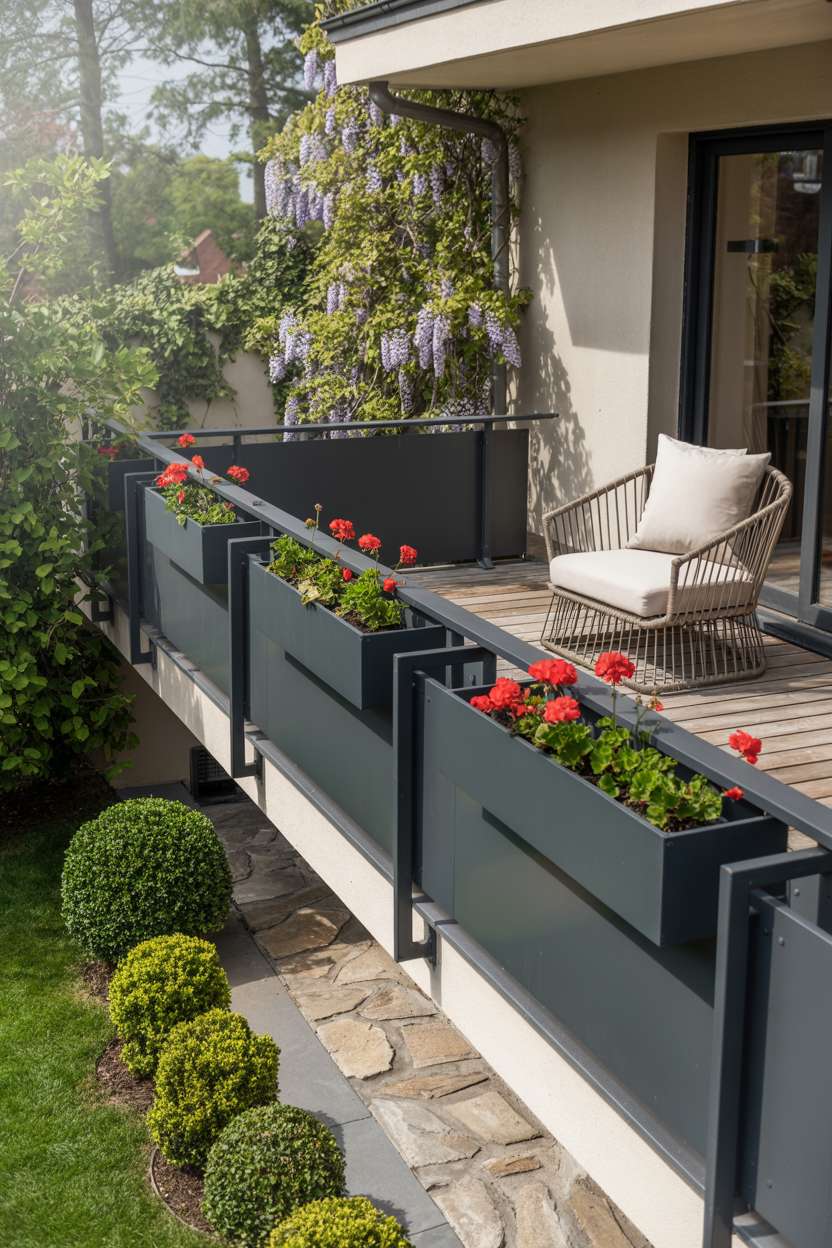 19 Stunning House Balcony Design Ideas to Inspire You 7 Modern balcony with dark gray railings featuring built-in planters and red geranium displays