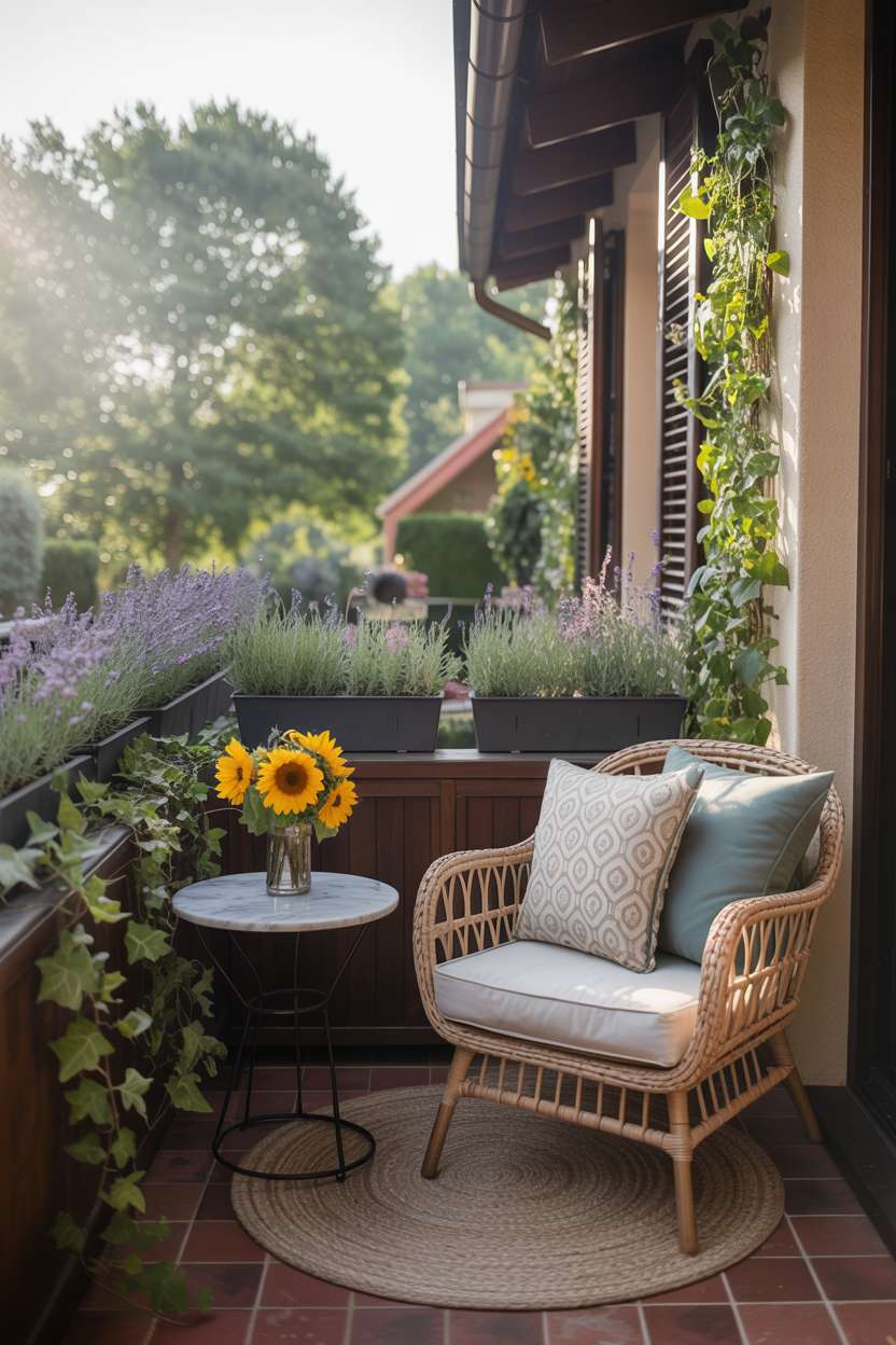 19 Stunning House Balcony Design Ideas to Inspire You 8 Charming balcony with dark wood railings, marble bistro table, and mixed textile cushions