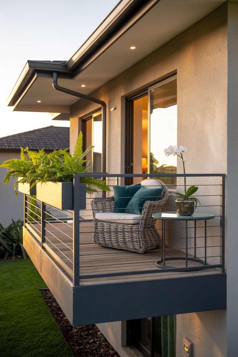 19 Stunning House Balcony Design Ideas to Inspire You 9 Modern second-story balcony with integrated fern planters and teal cushioned seating