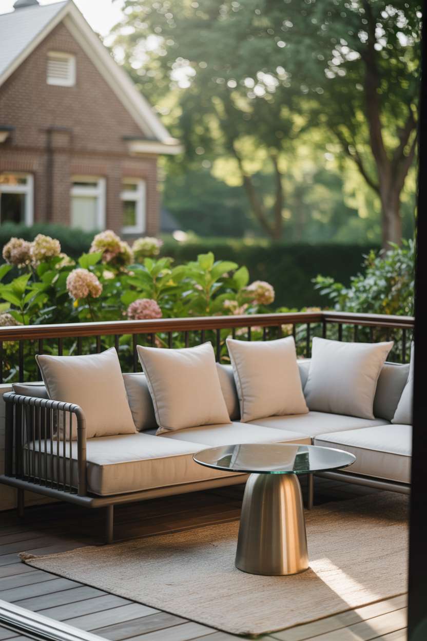 19 Stunning House Balcony Design Ideas to Inspire You 10 Stylish balcony featuring dark gray sectional sofa with cream cushions and glass-top table