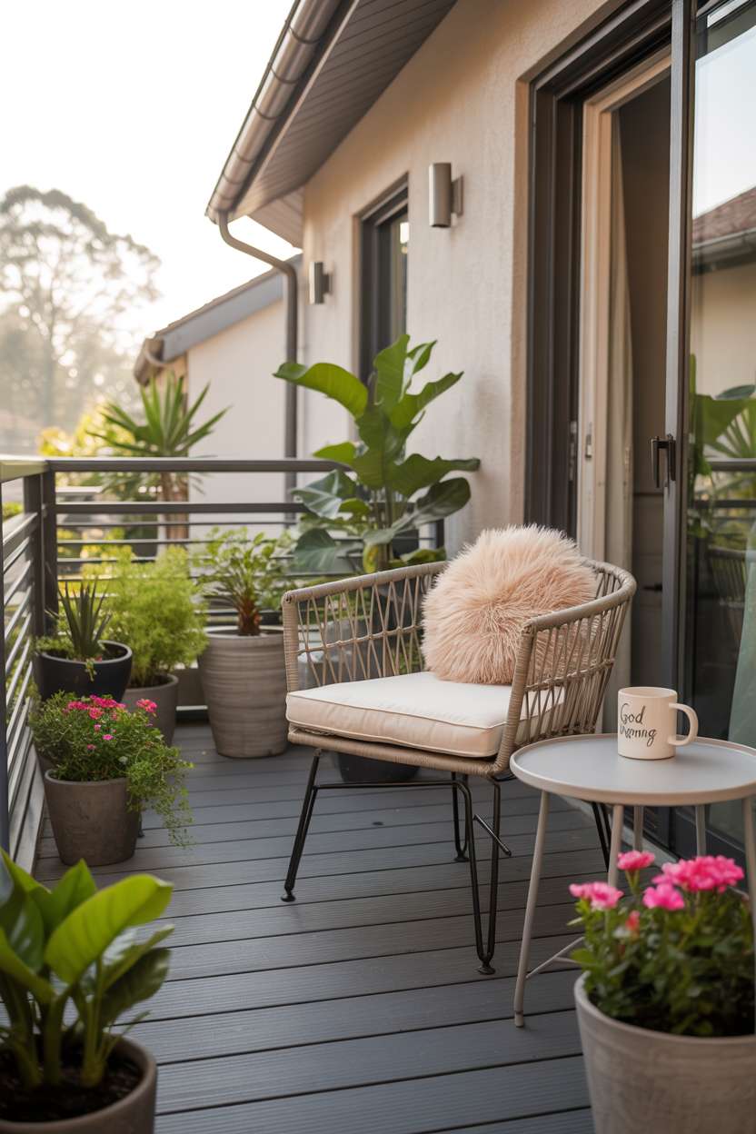 19 Stunning House Balcony Design Ideas to Inspire You 11 Cozy balcony with black metal railings and varied potted plants in multiple sizes