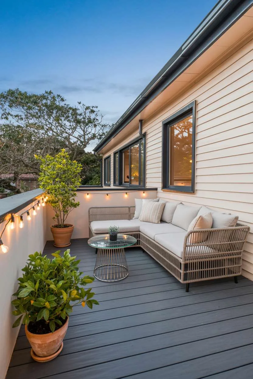 Modern balcony with rattan sectional, chrome table legs, and terracotta planters with string lighting