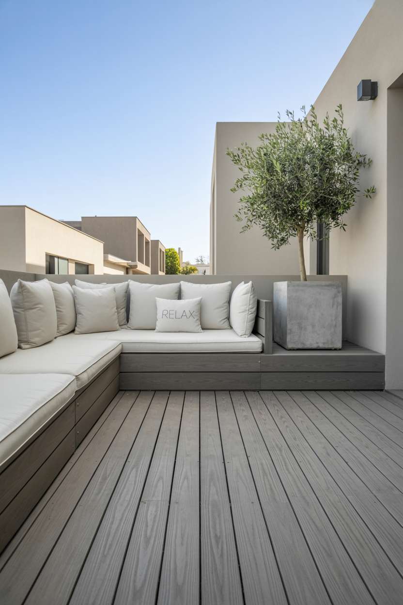 19 Stunning House Balcony Design Ideas to Inspire You 13 Minimalist balcony with built-in white cushioned bench and large potted olive tree
