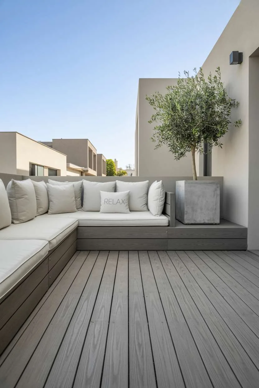 Minimalist balcony with built-in white cushioned bench and large potted olive tree